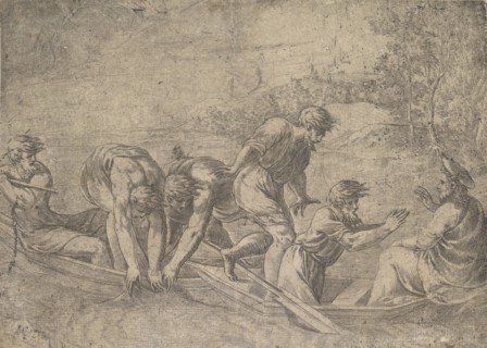 The miraculous draught of the fishes, Christ at the right accompanied by apostles in..., ca.1548-52. Creator: Andrea Schiavone.