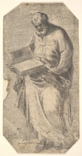 Saint Peter holding a large open book, keys by his side, from 'Christ and the Apost..., ca. 1548-50. Creator: Andrea Schiavone.