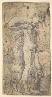 Mercury standing holding a cadecus in his right hand, a lyre in his left, ca. 1536-40. Creator: Andrea Schiavone.