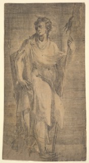 A saint, possibly Matthew, holding a staff and a book, ca. 1540-50. Creator: Andrea Schiavone.