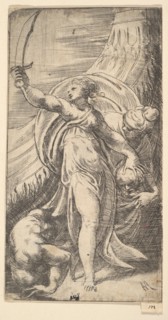 Judith her sword raised in her right hand, placing the head of Holofernes in the sa..., ca. 1542-45. Creator: Andrea Schiavone.