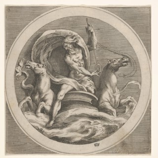 Neptune rising from the sea and bearing a staff, accompanied by two horse-headed ..., ca. 1550-1600. Creator: Unknown.