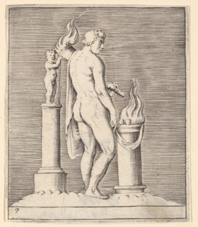 Man with Torch between Flaming Altar and Statuette, published ca. 1599-1622. Creator: Unknown.