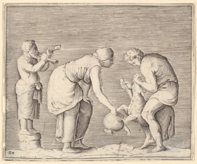 A Woman Collecting Blood from a Sheep, published ca. 1599-1622. Creator: Unknown.