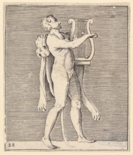 Hercules playing a lyre, a lionskin draped over his shoulder, published ca. 1599-1622. Creator: Unknown.
