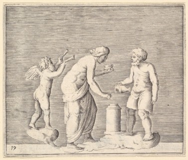 A Woman and Man Sacrificing in the Presence of Cupid, published ca. 1599-1622. Creator: Unknown.