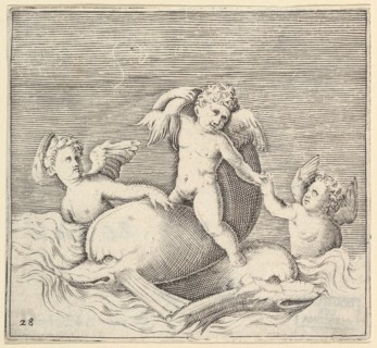 Three Cupids and Two Dolphins, published ca. 1599-1622. Creator: Unknown.