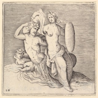 Woman with Shield Seated on Seamonster, published ca. 1599-1622. Creator: Unknown.