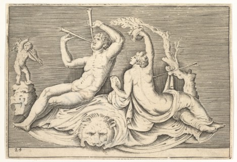 Man Playing Two Flutes and Woman on Lionskin, published ca. 1599-1622. Creator: Unknown.
