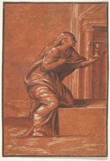 Female personification of Faith who kneels raising a chalice in her left hand, af..., ca. 1520-1560. Creator: Unknown.