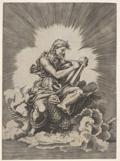 St. John, seated and holding a writing instrument to a tablet, an eagle with outstre..., after 1518. Creator: Unknown.