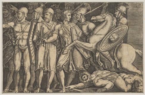 Trajan Fighting the Dacians; Trajan on horseback at right riding towards a group ..., ca. 1515-1600. Creator: Unknown.