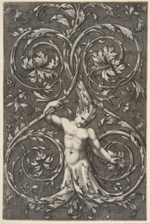 Grotesque with male figure with lower body and head of acanthus scrolls, ca. 1515-1600. Creator: Unknown.