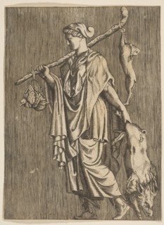Woman returning from a hunt carrying a boar in her left hand and a stick on her r..., ca. 1515-1600. Creator: Unknown.