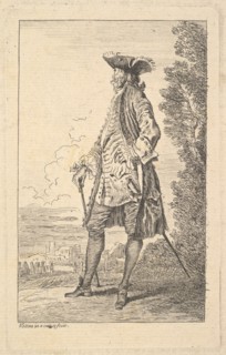 Man walking and carrying a cane in his right hand, shown in three-quarters view with h..., ca. 1710. Creator: Jean-Antoine Watteau.