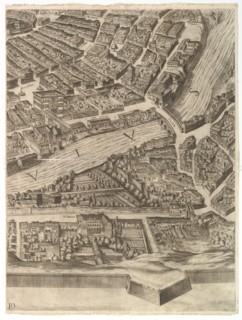 Plan of the City of Rome. Part 10 with the Tiber and the Villa Farnesina, 1645. Creator: Antonio Tempesta.