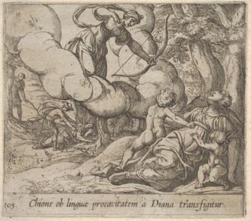 Plate 105: Diana aiming her bow toward Chione, who is accompanied by two children, in anot..., 1606. Creator: Antonio Tempesta.