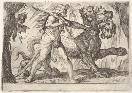 Hercules and Cerberus: Hercules grasps the collar of Cerberus, two demons appear at left..., 1608. Creator: Antonio Tempesta.