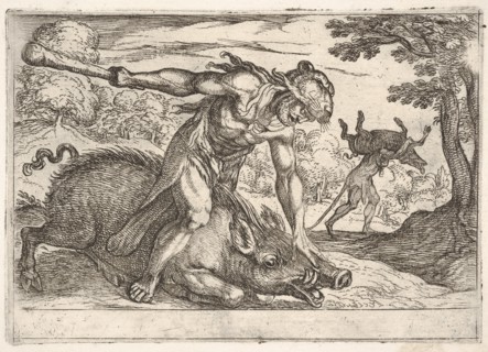 Hercules and the Boar of Erymanthus: Hercules holds down the boar's snout with his left ha..., 1608. Creator: Antonio Tempesta.
