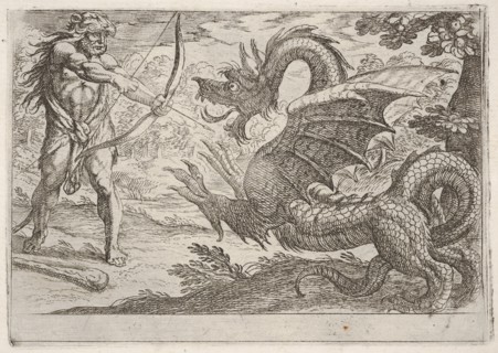 Hercules and the Serpent Ladon: Hercules draws his bow, the rearing serpent appears in pro..., 1608. Creator: Antonio Tempesta.