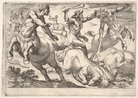 Hercules and the Centaurs: Hercules holds the head of a centaur with his left hand and rai..., 1608. Creator: Antonio Tempesta.