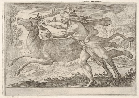 Hercules and the Hind of Mount Cerynea: Hercules strides alongside the hind and grasps the..., 1608. Creator: Antonio Tempesta.
