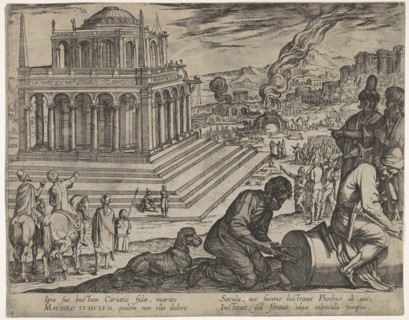 Plate 5: Tomb of Mausolus, stone masons make a column at the right, from The Seven Wonders..., 1608. Creator: Antonio Tempesta.