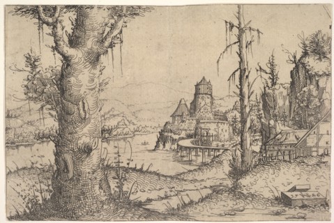 River Landscape with Large Tree at Left, 1546. Creator: Augustin Hirschvogel.