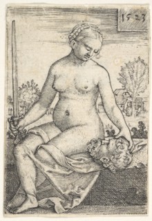 Judith, seated nude with a sword in her right hand, gazing down at the head of Holofernes ..., 1523. Creator: Barthel Beham.