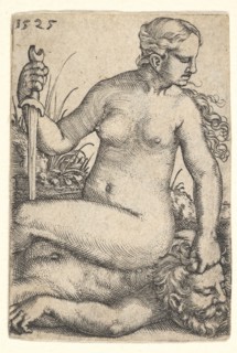 Judith, looking towards the right, seated nude atop the dead body of Holofernes, with a sw..., 1525. Creator: Barthel Beham.