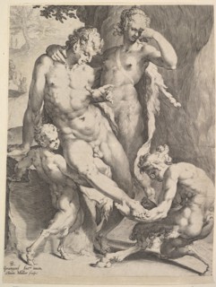 Oreads Removing a Thorn from a Satyr's Foot, 1590. Creators: Bartholomeus Spranger, Jan Muller.