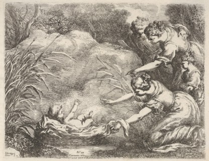 The finding of Moses who is rescued from the Nile by the maidservants of Pharaoh's daug..., 1650-57. Creator: Bartolomeo Biscaino.