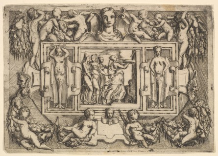 The Cumeaean sibyl walking to the right and carrying a tray, followed by three wome..., ca. 1540-80. Creator: Battista del Moro.