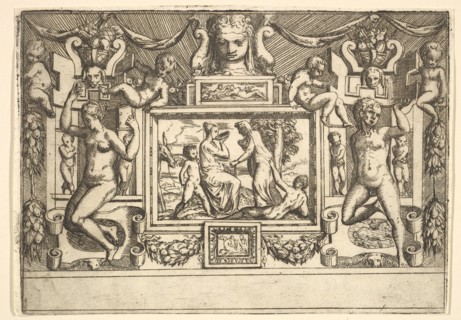 Young woman drinking from a bowl, an old woman standing in front of her, set within..., ca. 1540-80. Creator: Battista del Moro.