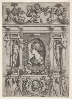Bust of a woman in profile facing left, set in an elaborate frame with figures in n..., ca. 1540-80. Creator: Battista del Moro.