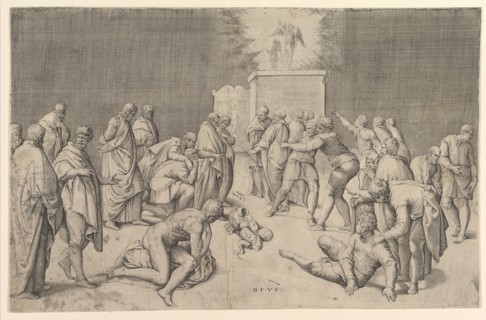 The Philistines Place the Ark of the Covenant in the Temple of Dagon, ca. 1540. Creator: Battista Franco Veneziano.