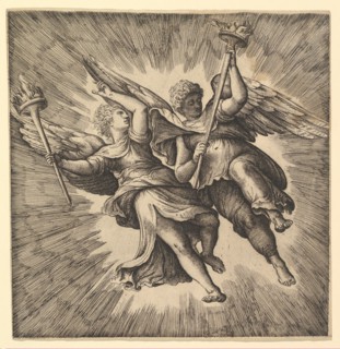 Two Angels or Winged Genii Carrying Torches. Creator: Battista Franco Veneziano.