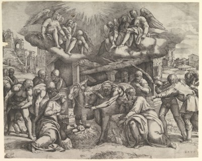 The Adoration of the Shepherds with angels overhead, ca. 1530-61. Creator: Battista Franco Veneziano.