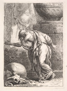 A young man, seen from behind and ascending a step towards the left, a cloak draped over h..., 1766. Creator: Bossi.