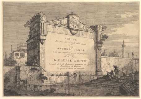 Title plate of 'Vedute altre prese da i luoghi altre ideate', with title and publicatio..., 1735-46. Creator: Canaletto.