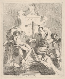 Design for a fountain with a seated nymph at left and triton holding a shell to his mouth ..., 1768. Creator: Charles Hutin.