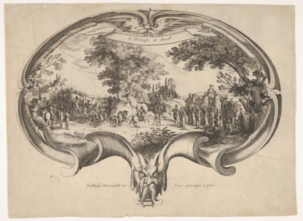 The Triumph of David, from a fan by Jacques Callot. Creators: Charles-Nicolas Cochin, Balthazar Moncornet.