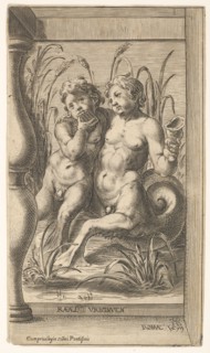 Two tritons embracing, one playing a panpipe, the second holding a conch shell set within ..., 1579. Creator: Cherubino Alberti.
