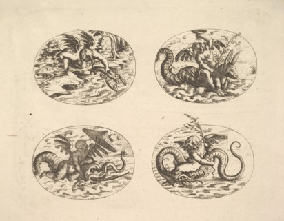 Putti with Sea Monsters, plates from the Neue Grotessken Buch, 1610. Creator: Christoph Jamnitzer.