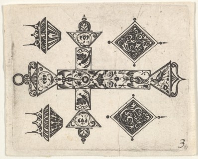 Blackwork Print with a Latin Cross and Four Motifs, ca. 1620. Creator: Claes Jansz Visscher.