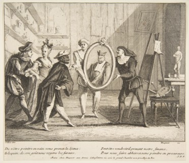 Pierrot and Scaramouche show the portrait of Harlequin.n.d. Creators: Claude Gillot, Jacques Gabriel Huquier.