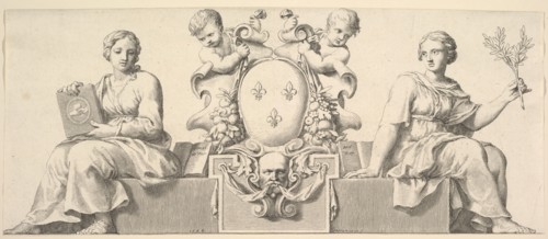 The Arms of France Accompanied by Personifications of Law and Good Faith, 1664. Creator: Claude Mellan.