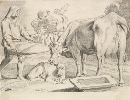 Country Scene with a Peasant, Cow and Calf. Creator: Claude Mellan.