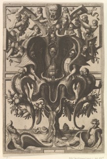 Auricular Cartouche with Figures within a Strapwork Frame from Veederley Veranderinghe van..., 1556. Creators: Johannes van Doetecum I, Lucas van Doetecum.