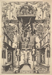 Fantastic Architecture Structure with Strapwork and Two Pergolas and a Small Scene with Vu..., 1557. Creator: Cornelis Floris II.
